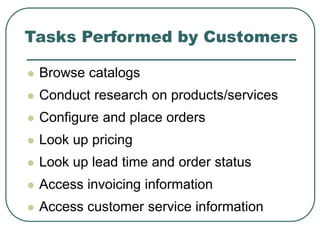 Tasks Performed by Customers
 Browse catalogs
 Conduct research on products/services
 Configure and place orders
 Look up pricing
 Look up lead time and order status
 Access invoicing information
 Access customer service information
 