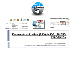 Evaluación aplicativa (25%) de E-BUSINESS
EXPOSICIÓN
Expositor: DELGADO AZAÑA
PUBLIMARKETEROS21 - “Datos e ideas claves para hacer CRECER TUS NEGOCIOS”
 