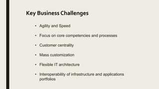 Key Business Challenges
• Agility and Speed
• Focus on core competencies and processes
• Customer centrality
• Mass customization
• Flexible IT architecture
• Interoperability of infrastructure and applications
portfolios
 