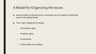 A Model for Organizing the Issues
■ Issues raised by Internet and e-commerce can be viewed at individual,
social and political levels
■ Four major categories of issues:
– Information rights
– Property rights
– Governance
– Public safety and welfare
 