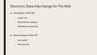 Electronic Data Interchange OnTheWeb
■ Advantages of Web EDI
– Lower cost
– More familiar software
– Worldwide connectivity
■ Disadvantages of Web EDI
– Low speed
– Poor security
 