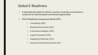 Global E-Readiness
• It describes the extent to which a country’s business environment is
conducive to Internet-based commercial opportunities
• EIU E-Readiness Assessment Model 2001 -
• Connectivity (30%)
• Business Environment (20%)
• E-Commerce Adoption (20%)
• Legal Environment (15%)
• Supporting E-Services (10%)
• Social and Cultural Environment (5%)
 
