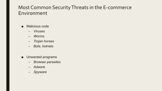 Most Common SecurityThreats in the E-commerce
Environment
■ Malicious code
– Viruses
– Worms
– Trojan horses
– Bots, botnets
■ Unwanted programs
– Browser parasites
– Adware
– Spyware
 