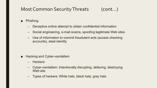 Most Common SecurityThreats (cont…)
■ Phishing
– Deceptive online attempt to obtain confidential information
– Social engineering, e-mail scams, spoofing legitimate Web sites
– Use of information to commit fraudulent acts (access checking
accounts), steal identity
■ Hacking and Cyber-vandalism
– Hackers
– Cyber-vandalism: Intentionally disrupting, defacing, destroying
Web site
– Types of hackers: White hats, black hats, grey hats
 