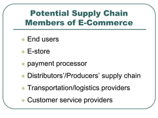 Potential Supply Chain
Members of E-Commerce
 End users
 E-store
 payment processor
 Distributors’/Producers’ supply chain
 Transportation/logistics providers
 Customer service providers
 