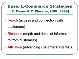 Basic E-Commerce Strategies
(P. Evans & T. Wurster, HBR, 1999)
 Reach (access and connection with
customers)
 Richness (depth and detail of information
to/from customers)
 Affiliation (advancing customers’ interests)
 