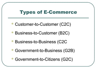 Types of E-Commerce
 Customer-to-Customer (C2C)
 Business-to-Customer (B2C)
 Business-to-Business (C2C
 Government-to-Business (G2B)
 Government-to-Citizens (G2C)
 
