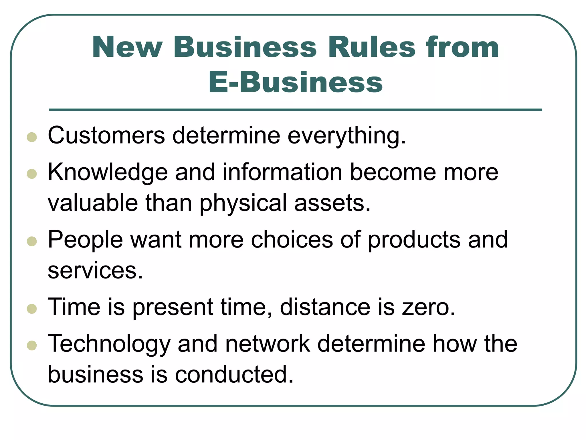 New Business Rules from
E-Business
 Customers determine everything.
 Knowledge and information become more
valuable than physical assets.
 People want more choices of products and
services.
 Time is present time, distance is zero.
 Technology and network determine how the
business is conducted.
 
