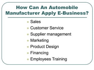 How Can An Automobile
Manufacturer Apply E-Business?
 Sales
 Customer Service
 Supplier management
 Marketing
 Product Design
 Financing
 Employees Training
 