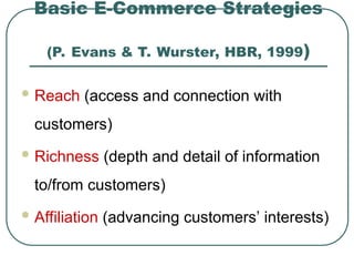 Basic E-Commerce Strategies
(P. Evans & T. Wurster, HBR, 1999)
 Reach (access and connection with
customers)
 Richness (depth and detail of information
to/from customers)
 Affiliation (advancing customers’ interests)
 