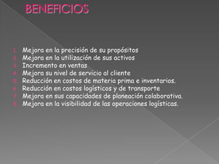 1. Mejora en la precisión de su propósitos
2. Mejora en la utilización de sus activos
3. Incremento en ventas
4. Mejora su nivel de servicio al cliente
5. Reducción en costos de materia prima e inventarios.
6. Reducción en costos logísticos y de transporte
7. Mejora en sus capacidades de planeación colaborativa.
8. Mejora en la visibilidad de las operaciones logísticas.
 