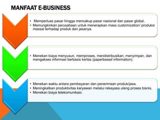 MANFAAT E-BUSINESS
• Memperluas pasar hingga mencakup pasar nasional dan pasar global,
• Memungkinkan perusahaan untuk menerapkan mass customization/ produksi
massal terhadap produk dan jasanya.
• Menekan biaya menyusun, memproses, mendistribusikan, menyimpan, dan
mengakses informasi berbasis kertas (paperbased information).
• Menekan waktu antara pembayaran dan penerimaan produk/jasa.
• Meningkatkan produktivitas karyawan melalui rekayasa ulang proses bisnis.
• Menekan biaya telekomunikasi.
 