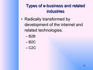 Types of e-business and related industries Radically transformed by development of the internet and related technologies. B2B B2C C2C 