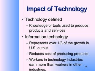 Impact of Technology Technology defined Knowledge or tools used to produce products and services Information technology Represents over 1/3 of the growth in U.S. output Reduces cost of producing products Workers in technology industries earn more than workers in other industries. 