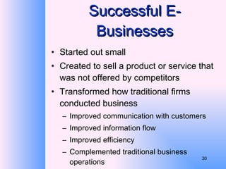 Successful E-Businesses Started out small Created to sell a product or service that was not offered by competitors Transformed how traditional firms conducted business Improved communication with customers Improved information flow Improved efficiency Complemented traditional business operations 
