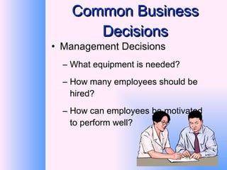 Common Business Decisions Management Decisions What equipment is needed? How many employees should be hired? How can employees be motivated to perform well? 
