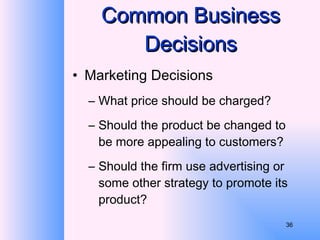 Common Business Decisions Marketing Decisions What price should be charged? Should the product be changed to be more appealing to customers? Should the firm use advertising or some other strategy to promote its product? 