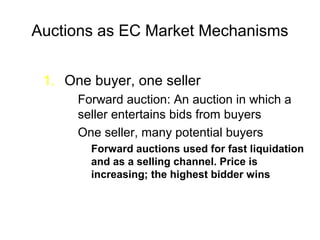 Auctions as EC Market Mechanisms
1. One buyer, one seller
Forward auction: An auction in which a
seller entertains bids from buyers
One seller, many potential buyers
Forward auctions used for fast liquidation
and as a selling channel. Price is
increasing; the highest bidder wins
 