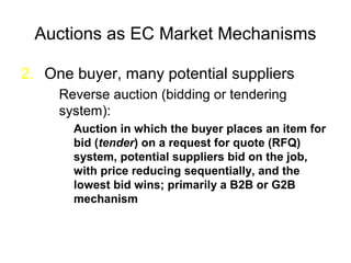 Auctions as EC Market Mechanisms
2. One buyer, many potential suppliers
Reverse auction (bidding or tendering
system):
Auction in which the buyer places an item for
bid (tender) on a request for quote (RFQ)
system, potential suppliers bid on the job,
with price reducing sequentially, and the
lowest bid wins; primarily a B2B or G2B
mechanism
 