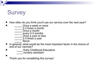   Survey How often do you think you'd use our service over the next year?         _____ Once a week or more        _____ 2-3 times a month        _____ Once a month        _____ every 2-3 months               _____ Once a year or less        _____ 2-3 times a year        _____ Never   In general, what would be the most important factor in the choice of one of our nannies?            ____ Early Childhood Educators            ____ nursery assistant Thank you for completing this survey! 