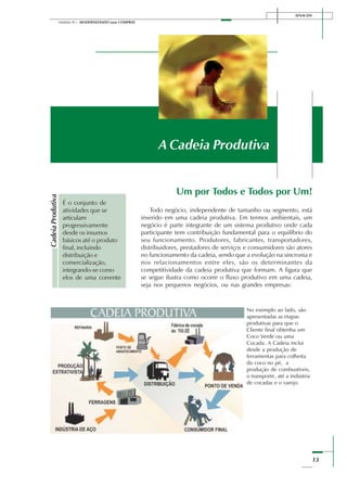 13
Módulo III – MODERNIZANDO suas COMPRAS
SENAI-DN
Um por Todos e Todos por Um!
Todo negócio, independente de tamanho ou segmento, está
inserido em uma cadeia produtiva. Em termos ambientais, um
negócio é parte integrante de um sistema produtivo onde cada
participante tem contribuição fundamental para o equilíbrio do
seu funcionamento. Produtores, fabricantes, transportadores,
distribuidores, prestadores de serviços e consumidores são atores
no funcionamento da cadeia, sendo que a evolução na sincronia e
nos relacionamentos entre eles, são os determinantes da
competitividade da cadeia produtiva que formam. A figura que
se segue ilustra como ocorre o fluxo produtivo em uma cadeia,
seja nos pequenos negócios, ou nas grandes empresas:
A Cadeia Produtiva
CadeiaProdutiva
É o conjunto de
atividades que se
articulam
progressivamente
desde os insumos
básicos até o produto
final, incluindo
distribuição e
comercialização,
integrando-se como
elos de uma corrente
No exemplo ao lado, são
apresentadas as etapas
produtivas para que o
Cliente final obtenha um
Coco Verde ou uma
Cocada. A Cadeia inclui
desde a produção de
ferramentas para colheita
do coco no pé, a
produção de combustíveis,
o transporte, até a indústria
de cocadas e o varejo.
 