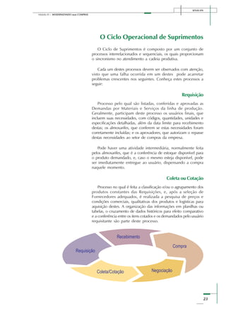 SENAI-DN
23
Módulo III – MODERNIZANDO suas COMPRAS
O Ciclo Operacional de Suprimentos
O Ciclo de Suprimentos é composto por um conjunto de
processos interrelacionados e sequenciais, os quais proporcionam
o sincronismo no atendimento a cadeia produtiva.
Cada um destes processos devem ser observados com atenção,
visto que uma falha ocorrida em um destes pode acarretar
problemas crescentes nos seguintes. Conheça estes processos a
seguir:
Requisição
Processo pelo qual são listadas, conferidas e aprovadas as
Demandas por Materiais e Serviços da linha de produção.
Geralmente, participam deste processo os usuários finais, que
incluem suas necessidades, com códigos, quantidades, unidades e
especificações detalhadas, além da data limite para recebimento
destas; os almoxarifes, que conferem se estas necessidades foram
corretamente incluídas; e os aprovadores, que autorizam o repasse
destas necessidades ao setor de compras da empresa.
Pode haver uma atividade intermediária, normalmente feita
pelos almoxarifes, que é a conferência de estoque disponível para
o produto demandado, e, caso o mesmo esteja disponível, pode
ser imediatamente entregue ao usuário, dispensando a compra
naquele momento.
Coleta ou Cotação
Processo no qual é feita a classificação e/ou o agrupamento dos
produtos constantes das Requisições, e, após a seleção de
Fornecedores adequados, é realizada a pesquisa de preços e
condições comerciais, qualitativas dos produtos e logísticas para
aquisição destes. A organização das informações em planilhas ou
tabelas, o cruzamento de dados históricos para efeito comparativo
e a conferência entre os itens cotados e os demandados pelo usuário
requisitante são parte deste processo.
 