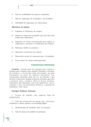 32
6. Falta de credibilidade da empresa compradora;
7. Falta de capacitação do Comprador e do Vendedor;
8. Dificuldade de negociação em outras praças.
Alternativas de Solução
a) Programar as solicitações de compra;
b) Otimizar o tempo do Comprador para que haja mais
tempo para negociações;
c) Implantar um sistema informatizado para agilizar as
negociações e promover a centralização das compras;
d) Padronizar melhor os produtos;
e) Padronizar os processos de compras;
f) Desenvolver escalas de autonomia para o Comprador;
j) Criar centrais de compra interempresariais.
Comunicação e Informação
Contexto - Grande parte das soluções mais criativas e
lucrativas para a Empresa nasce quando a Produção, o Escritório
de Compras e o Fornecedor estão sintonizados, trocando
informações em busca de melhores alternativas. Essa
comunicação, entretanto, pode não ser tão eficiente, o que
encarece os processos, desgasta as pessoas envolvidas, gera erros
e prejuízos para a empresa. Deve-se buscar, portanto,
mecanismos que dinamizem a troca de experiências, como o
acúmulo e reuso de informações históricas, a geração de
indicadores, entre outros.
Principais Problemas Potenciais
1. Excesso de pedidos com urgência (falta de
programação);
2. Falta de treinamento da equipe para preencher
formulários e utilizar sistemas com tecnologia digital;
3. Desinformação do Vendedor sobre seu estoque;
4. Falta de clareza dos pedidos da produção;
 