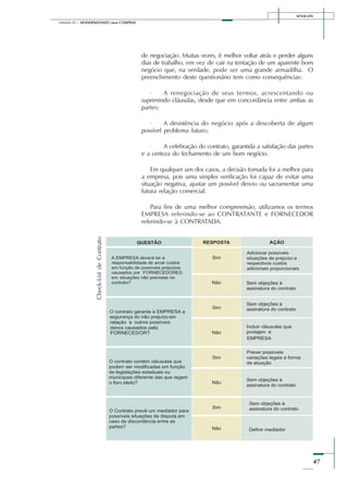 SENAI-DN
47
Módulo III – MODERNIZANDO suas COMPRAS
de negociação. Muitas vezes, é melhor voltar atrás e perder alguns
dias de trabalho, em vez de cair na tentação de um aparente bom
negócio que, na verdade, pode ser uma grande armadilha. O
preenchimento deste questionário tem como consequências:
· A renegociação de seus termos, acrescentando ou
suprimindo cláusulas, desde que em concordância entre ambas as
partes;
· A desistência do negócio após a descoberta de algum
possível problema futuro;
· A celebração do contrato, garantida a satisfação das partes
e a certeza do fechamento de um bom negócio.
Em qualquer um dos casos, a decisão tomada foi a melhor para
a empresa, pois uma simples verificação foi capaz de evitar uma
situação negativa, ajustar um possível desvio ou sacramentar uma
futura relação comercial.
Para fins de uma melhor compreensão, utilizamos os termos
EMPRESA referindo-se ao CONTRATANTE e FORNECEDOR
referindo-se à CONTRATADA.
Check-ListdeContrato
 