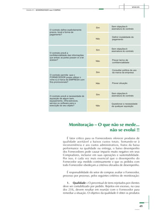SENAI-DN
49
Módulo III – MODERNIZANDO suas COMPRAS
Monitoração – O que não se mede...
não se evolui !!
É fator crítico para os Fornecedores oferecer produtos de
qualidade aceitável a baixos custos totais. Somando-se à
inconveniência e aos custos administrativos, frutos da baixa
performance na qualidade ou entrega, o baixo desempenho
dos Fornecedores pode causar impacto muito negativo em seus
Compradores, inclusive em suas operações e sustentabilidade.
Por isso, é cada vez mais essencial que o desempenho do
Fornecedor seja medido continuamente e que os pedidos com
todo Fornecedor obedeçam a critérios elevados de desempenho.
É responsabilidade do setor de compras avaliar o Fornecedor,
processo por processo, pelos seguintes critérios de monitoração:
1. Qualidade – O percentual de itens rejeitados por clientes
deve ser contabilizado por pedido. Rejeitos em excesso, na casa
dos 25%, devem resultar em reunião com o Fornecedor para
remediar a situação. O objetivo da qualidade é obter os produtos
 