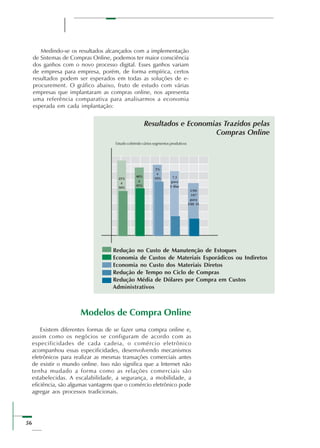 56
Medindo-se os resultados alcançados com a implementação
de Sistemas de Compras Online, podemos ter maior consciência
dos ganhos com o novo processo digital. Esses ganhos variam
de empresa para empresa, porém, de forma empírica, certos
resultados podem ser esperados em todas as soluções de e-
procurement. O gráfico abaixo, fruto de estudo com várias
empresas que implantaram as compras online, nos apresenta
uma referência comparativa para analisarmos a economia
esperada em cada implantação:
Modelos de Compra Online
Existem diferentes formas de se fazer uma compra online e,
assim como os negócios se configuram de acordo com as
especificidades de cada cadeia, o comércio eletrônico
acompanhou essas especificidades, desenvolvendo mecanismos
eletrônicos para realizar as mesmas transações comerciais antes
de existir o mundo online. Isso não significa que a Internet não
tenha mudado a forma como as relações comerciais são
estabelecidas. A escalabilidade, a segurança, a mobilidade, a
eficiência, são algumas vantagens que o comércio eletrônico pode
agregar aos processos tradicionais.
Resultados e Economias Trazidos pelas
Compras Online
Redução no Custo de Manutenção de Estoques
Economia de Custos de Materiais Esporádicos ou Indiretos
Economia no Custo dos Materiais Diretos
Redução de Tempo no Ciclo de Compras
Redução Média de Dólares por Compra em Custos
Administrativos
Estudo cobrindo vários segmentos produtivos
40%
a
45%
25%
a
50%
7,3
para
2 dias
U$$
107
para
U$$ 33
5%
a
10%
 