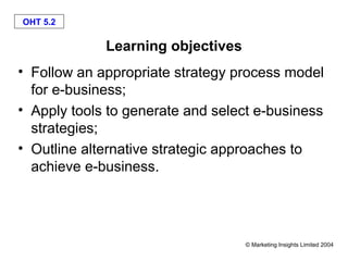 OHT 5.2

             Learning objectives
• Follow an appropriate strategy process model
  for e-business;
• Apply tools to generate and select e-business
  strategies;
• Outline alternative strategic approaches to
  achieve e-business.




                                   © Marketing Insights Limited 2004
 