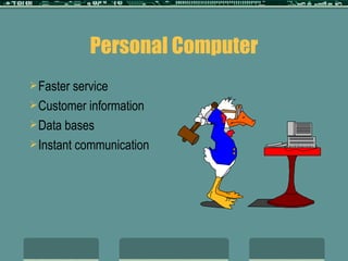 Personal Computer Faster service Customer information Data bases Instant communication 
