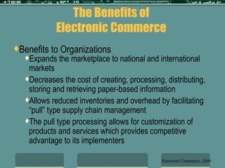 The Benefits of Electronic Commerce Expands the marketplace to national and international markets Decreases the cost of creating, processing, distributing, storing and retrieving paper-based information Allows reduced inventories and overhead by facilitating “pull” type supply chain management The pull type processing allows for customization of products and services which provides competitive advantage to its implementers Benefits to Organizations Electronic Commerce, 2000 