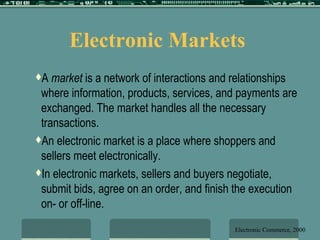 A  market  is a network of interactions and relationships where information, products, services, and payments are exchanged. The market handles all the necessary transactions. An electronic market is a place where shoppers and sellers meet electronically. In electronic markets, sellers and buyers negotiate, submit bids, agree on an order, and finish the execution on- or off-line. Electronic Markets Electronic Commerce, 2000 