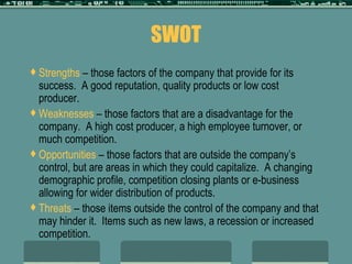 SWOT Strengths  – those factors of the company that provide for its success.  A good reputation, quality products or low cost producer. Weaknesses  – those factors that are a disadvantage for the company.  A high cost producer, a high employee turnover, or much competition. Opportunities  – those factors that are outside the company’s control, but are areas in which they could capitalize.  A changing demographic profile, competition closing plants or e-business allowing for wider distribution of products. Threats  – those items outside the control of the company and that may hinder it.  Items such as new laws, a recession or increased competition. 
