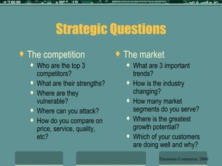 Strategic Questions The competition Who are the top 3 competitors? What are their strengths? Where are they vulnerable? Where can you attack? How do you compare on price, service, quality, etc? The market What are 3 important trends? How is the industry changing? How many market segments do you serve? Where is the greatest growth potential? Which of your customers are doing well and why? Electronic Commerce, 2000 