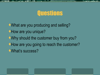 Questions What are you producing and selling? How are you unique? Why should the customer buy from you? How are you going to reach the customer? What’s success? 