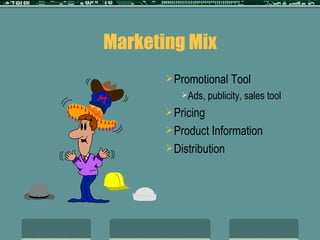 Marketing Mix Promotional Tool Ads, publicity, sales tool Pricing Product Information Distribution 