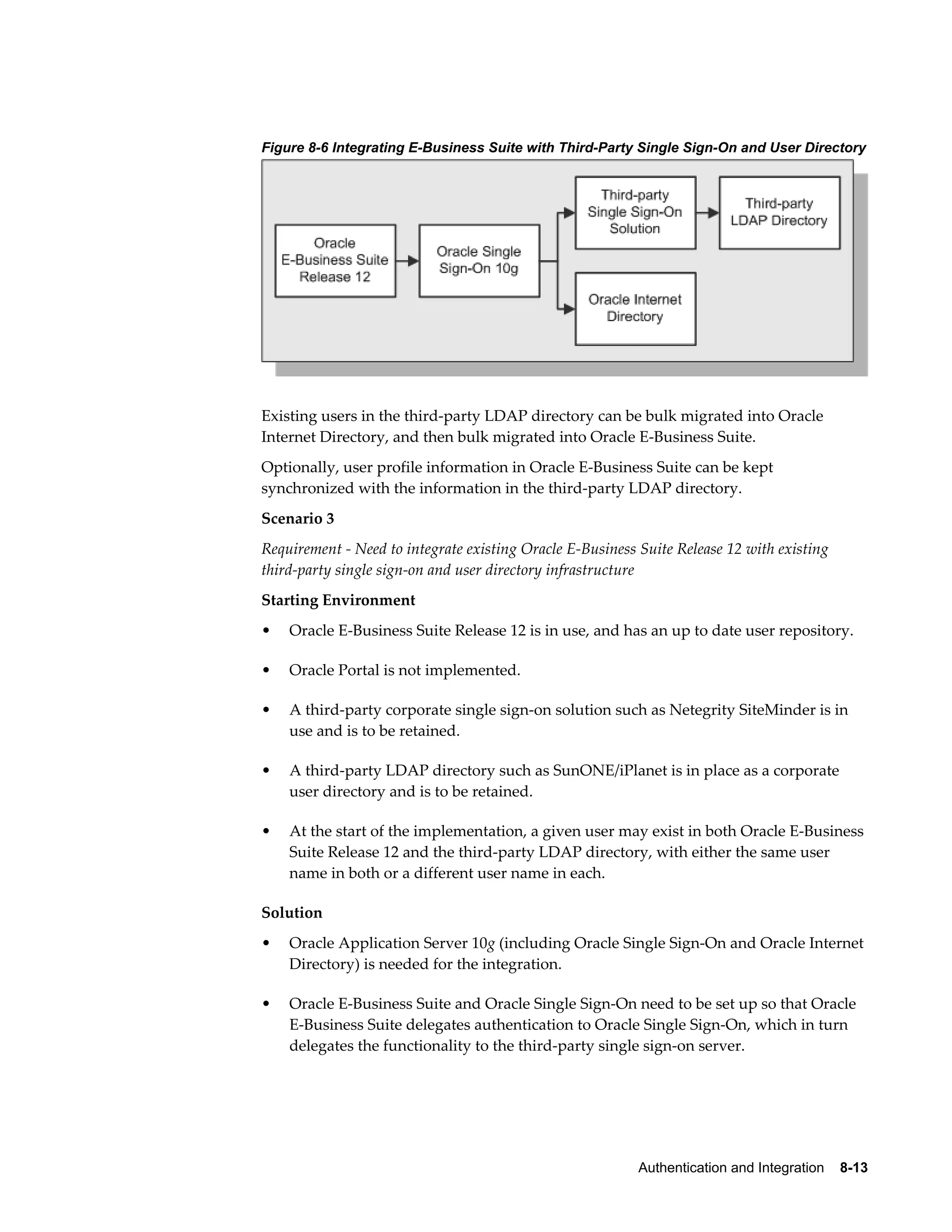 Figure 8-6 Integrating E-Business Suite with Third-Party Single Sign-On and User Directory 
Existing users in the third-party LDAP directory can be bulk migrated into Oracle 
Internet Directory, and then bulk migrated into Oracle E-Business Suite. 
Optionally, user profile information in Oracle E-Business Suite can be kept 
synchronized with the information in the third-party LDAP directory. 
Scenario 3 
Requirement - Need to integrate existing Oracle E-Business Suite Release 12 with existing 
third-party single sign-on and user directory infrastructure 
Starting Environment 
• Oracle E-Business Suite Release 12 is in use, and has an up to date user repository. 
• Oracle Portal is not implemented. 
• A third-party corporate single sign-on solution such as Netegrity SiteMinder is in 
Authentication and Integration 8-13 
use and is to be retained. 
• A third-party LDAP directory such as SunONE/iPlanet is in place as a corporate 
user directory and is to be retained. 
• At the start of the implementation, a given user may exist in both Oracle E-Business 
Suite Release 12 and the third-party LDAP directory, with either the same user 
name in both or a different user name in each. 
Solution 
• Oracle Application Server 10g (including Oracle Single Sign-On and Oracle Internet 
Directory) is needed for the integration. 
• Oracle E-Business Suite and Oracle Single Sign-On need to be set up so that Oracle 
E-Business Suite delegates authentication to Oracle Single Sign-On, which in turn 
delegates the functionality to the third-party single sign-on server. 
 