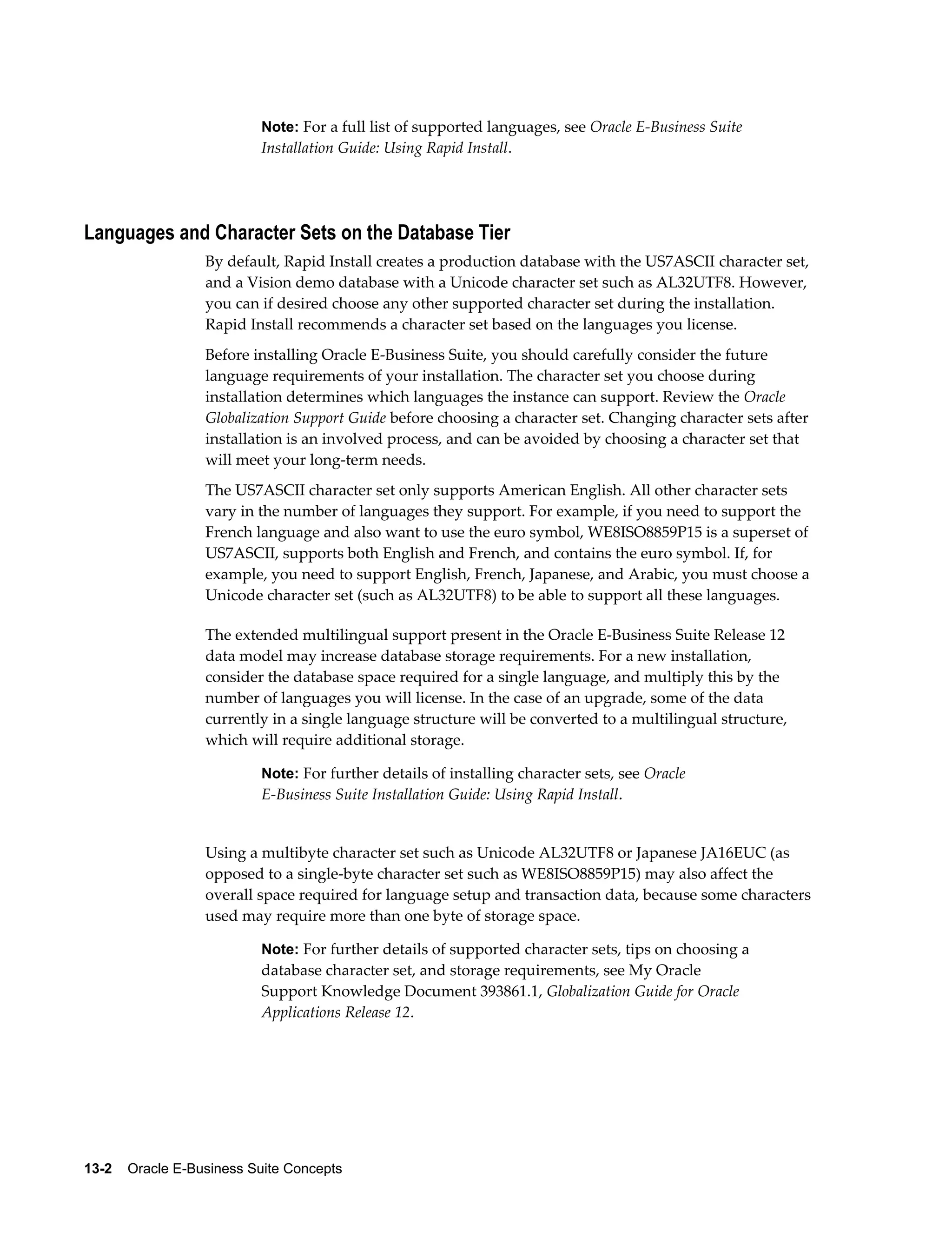 Note: For a full list of supported languages, see Oracle E-Business Suite 
Installation Guide: Using Rapid Install. 
Languages and Character Sets on the Database Tier 
By default, Rapid Install creates a production database with the US7ASCII character set, 
and a Vision demo database with a Unicode character set such as AL32UTF8. However, 
you can if desired choose any other supported character set during the installation. 
Rapid Install recommends a character set based on the languages you license. 
Before installing Oracle E-Business Suite, you should carefully consider the future 
language requirements of your installation. The character set you choose during 
installation determines which languages the instance can support. Review the Oracle 
Globalization Support Guide before choosing a character set. Changing character sets after 
installation is an involved process, and can be avoided by choosing a character set that 
will meet your long-term needs. 
The US7ASCII character set only supports American English. All other character sets 
vary in the number of languages they support. For example, if you need to support the 
French language and also want to use the euro symbol, WE8ISO8859P15 is a superset of 
US7ASCII, supports both English and French, and contains the euro symbol. If, for 
example, you need to support English, French, Japanese, and Arabic, you must choose a 
Unicode character set (such as AL32UTF8) to be able to support all these languages. 
The extended multilingual support present in the Oracle E-Business Suite Release 12 
data model may increase database storage requirements. For a new installation, 
consider the database space required for a single language, and multiply this by the 
number of languages you will license. In the case of an upgrade, some of the data 
currently in a single language structure will be converted to a multilingual structure, 
which will require additional storage. 
Note: For further details of installing character sets, see Oracle 
E-Business Suite Installation Guide: Using Rapid Install. 
Using a multibyte character set such as Unicode AL32UTF8 or Japanese JA16EUC (as 
opposed to a single-byte character set such as WE8ISO8859P15) may also affect the 
overall space required for language setup and transaction data, because some characters 
used may require more than one byte of storage space. 
Note: For further details of supported character sets, tips on choosing a 
database character set, and storage requirements, see My Oracle 
Support Knowledge Document 393861.1, Globalization Guide for Oracle 
Applications Release 12. 
13-2 Oracle E-Business Suite Concepts 
 