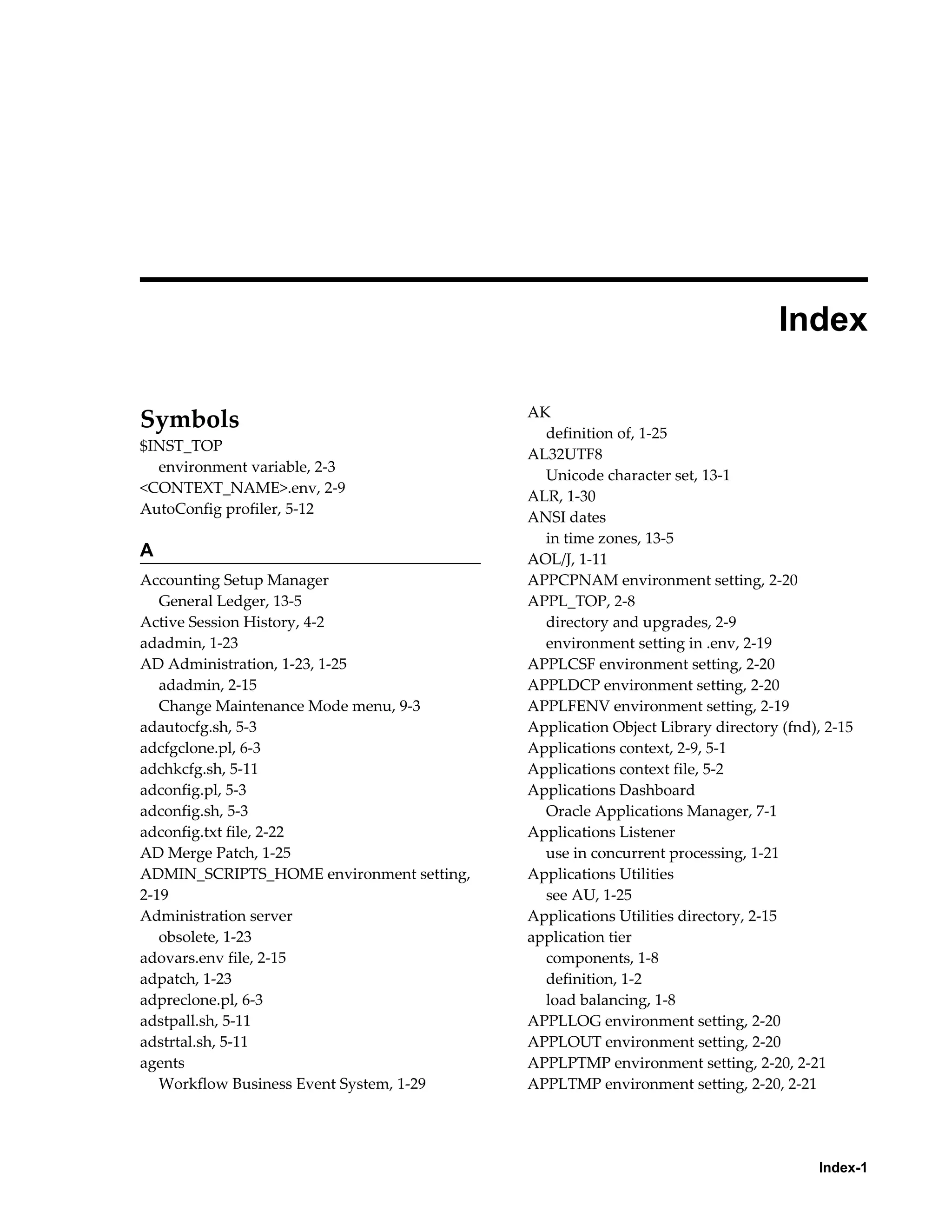 Index 
Index-1 
Symbols 
$INST_TOP 
environment variable, 2-3 
<CONTEXT_NAME>.env, 2-9 
AutoConfig profiler, 5-12 
A 
Accounting Setup Manager 
General Ledger, 13-5 
Active Session History, 4-2 
adadmin, 1-23 
AD Administration, 1-23, 1-25 
adadmin, 2-15 
Change Maintenance Mode menu, 9-3 
adautocfg.sh, 5-3 
adcfgclone.pl, 6-3 
adchkcfg.sh, 5-11 
adconfig.pl, 5-3 
adconfig.sh, 5-3 
adconfig.txt file, 2-22 
AD Merge Patch, 1-25 
ADMIN_SCRIPTS_HOME environment setting, 
2-19 
Administration server 
obsolete, 1-23 
adovars.env file, 2-15 
adpatch, 1-23 
adpreclone.pl, 6-3 
adstpall.sh, 5-11 
adstrtal.sh, 5-11 
agents 
Workflow Business Event System, 1-29 
AK 
definition of, 1-25 
AL32UTF8 
Unicode character set, 13-1 
ALR, 1-30 
ANSI dates 
in time zones, 13-5 
AOL/J, 1-11 
APPCPNAM environment setting, 2-20 
APPL_TOP, 2-8 
directory and upgrades, 2-9 
environment setting in .env, 2-19 
APPLCSF environment setting, 2-20 
APPLDCP environment setting, 2-20 
APPLFENV environment setting, 2-19 
Application Object Library directory (fnd), 2-15 
Applications context, 2-9, 5-1 
Applications context file, 5-2 
Applications Dashboard 
Oracle Applications Manager, 7-1 
Applications Listener 
use in concurrent processing, 1-21 
Applications Utilities 
see AU, 1-25 
Applications Utilities directory, 2-15 
application tier 
components, 1-8 
definition, 1-2 
load balancing, 1-8 
APPLLOG environment setting, 2-20 
APPLOUT environment setting, 2-20 
APPLPTMP environment setting, 2-20, 2-21 
APPLTMP environment setting, 2-20, 2-21 
 