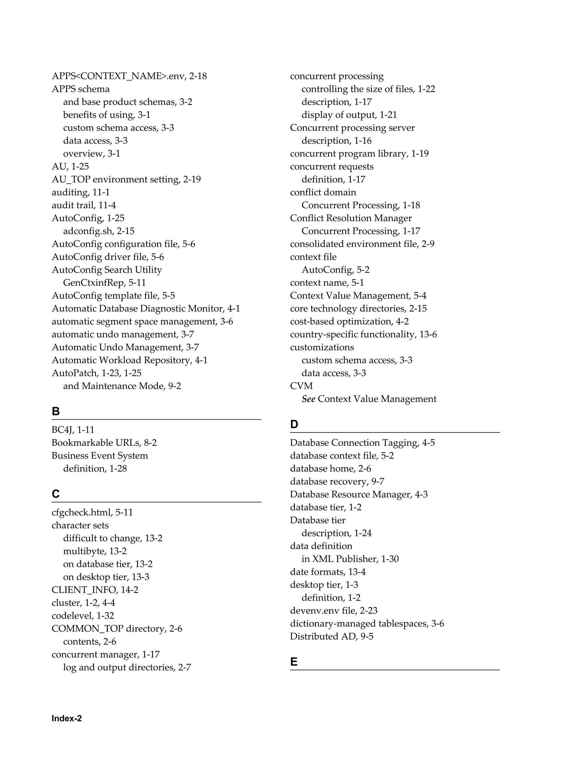 APPS<CONTEXT_NAME>.env, 2-18 
APPS schema 
and base product schemas, 3-2 
benefits of using, 3-1 
custom schema access, 3-3 
data access, 3-3 
overview, 3-1 
AU, 1-25 
AU_TOP environment setting, 2-19 
auditing, 11-1 
audit trail, 11-4 
AutoConfig, 1-25 
adconfig.sh, 2-15 
AutoConfig configuration file, 5-6 
AutoConfig driver file, 5-6 
AutoConfig Search Utility 
GenCtxinfRep, 5-11 
AutoConfig template file, 5-5 
Automatic Database Diagnostic Monitor, 4-1 
automatic segment space management, 3-6 
automatic undo management, 3-7 
Automatic Undo Management, 3-7 
Automatic Workload Repository, 4-1 
AutoPatch, 1-23, 1-25 
and Maintenance Mode, 9-2 
B 
BC4J, 1-11 
Bookmarkable URLs, 8-2 
Business Event System 
definition, 1-28 
C 
cfgcheck.html, 5-11 
character sets 
difficult to change, 13-2 
multibyte, 13-2 
on database tier, 13-2 
on desktop tier, 13-3 
CLIENT_INFO, 14-2 
cluster, 1-2, 4-4 
codelevel, 1-32 
COMMON_TOP directory, 2-6 
contents, 2-6 
concurrent manager, 1-17 
log and output directories, 2-7 
Index-2 
concurrent processing 
controlling the size of files, 1-22 
description, 1-17 
display of output, 1-21 
Concurrent processing server 
description, 1-16 
concurrent program library, 1-19 
concurrent requests 
definition, 1-17 
conflict domain 
Concurrent Processing, 1-18 
Conflict Resolution Manager 
Concurrent Processing, 1-17 
consolidated environment file, 2-9 
context file 
AutoConfig, 5-2 
context name, 5-1 
Context Value Management, 5-4 
core technology directories, 2-15 
cost-based optimization, 4-2 
country-specific functionality, 13-6 
customizations 
custom schema access, 3-3 
data access, 3-3 
CVM 
See Context Value Management 
D 
Database Connection Tagging, 4-5 
database context file, 5-2 
database home, 2-6 
database recovery, 9-7 
Database Resource Manager, 4-3 
database tier, 1-2 
Database tier 
description, 1-24 
data definition 
in XML Publisher, 1-30 
date formats, 13-4 
desktop tier, 1-3 
definition, 1-2 
devenv.env file, 2-23 
dictionary-managed tablespaces, 3-6 
Distributed AD, 9-5 
E 
 
