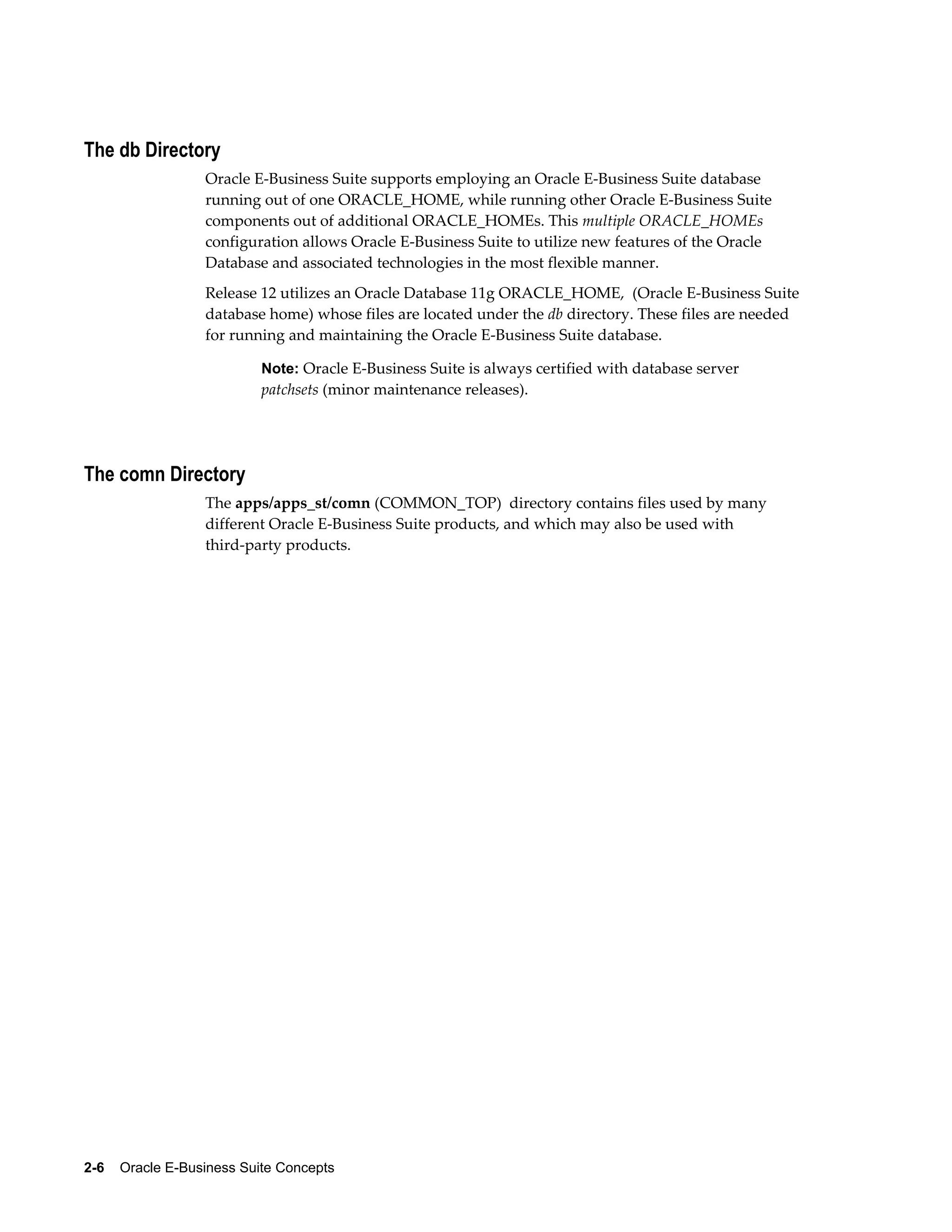 The db Directory 
Oracle E-Business Suite supports employing an Oracle E-Business Suite database 
running out of one ORACLE_HOME, while running other Oracle E-Business Suite 
components out of additional ORACLE_HOMEs. This multiple ORACLE_HOMEs 
configuration allows Oracle E-Business Suite to utilize new features of the Oracle 
Database and associated technologies in the most flexible manner. 
Release 12 utilizes an Oracle Database 11g ORACLE_HOME, (Oracle E-Business Suite 
database home) whose files are located under the db directory. These files are needed 
for running and maintaining the Oracle E-Business Suite database. 
Note: Oracle E-Business Suite is always certified with database server 
patchsets (minor maintenance releases). 
The comn Directory 
The apps/apps_st/comn (COMMON_TOP) directory contains files used by many 
different Oracle E-Business Suite products, and which may also be used with 
third-party products. 
2-6 Oracle E-Business Suite Concepts 
 