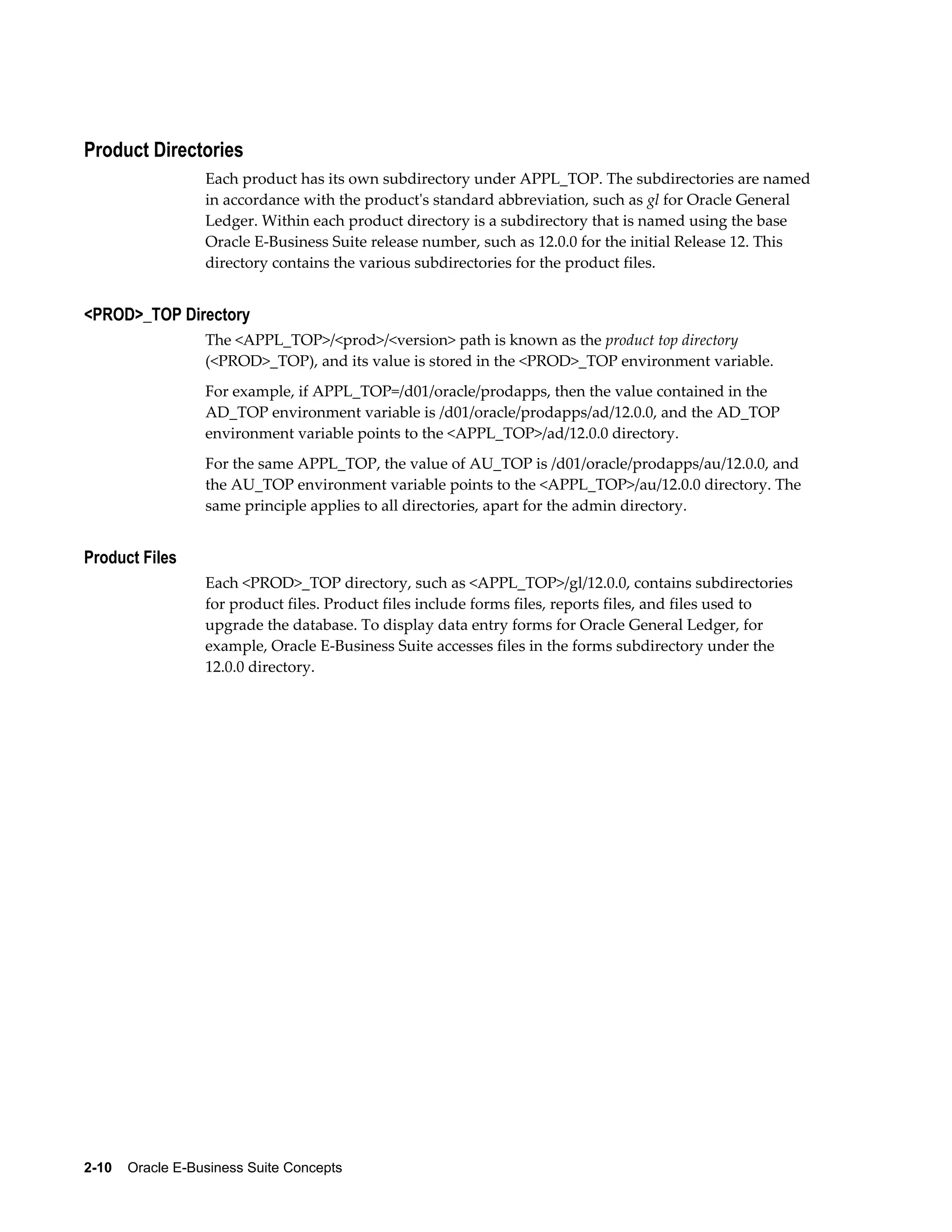 Product Directories 
Each product has its own subdirectory under APPL_TOP. The subdirectories are named 
in accordance with the product's standard abbreviation, such as gl for Oracle General 
Ledger. Within each product directory is a subdirectory that is named using the base 
Oracle E-Business Suite release number, such as 12.0.0 for the initial Release 12. This 
directory contains the various subdirectories for the product files. 
<PROD>_TOP Directory 
The <APPL_TOP>/<prod>/<version> path is known as the product top directory 
(<PROD>_TOP), and its value is stored in the <PROD>_TOP environment variable. 
For example, if APPL_TOP=/d01/oracle/prodapps, then the value contained in the 
AD_TOP environment variable is /d01/oracle/prodapps/ad/12.0.0, and the AD_TOP 
environment variable points to the <APPL_TOP>/ad/12.0.0 directory. 
For the same APPL_TOP, the value of AU_TOP is /d01/oracle/prodapps/au/12.0.0, and 
the AU_TOP environment variable points to the <APPL_TOP>/au/12.0.0 directory. The 
same principle applies to all directories, apart for the admin directory. 
Product Files 
Each <PROD>_TOP directory, such as <APPL_TOP>/gl/12.0.0, contains subdirectories 
for product files. Product files include forms files, reports files, and files used to 
upgrade the database. To display data entry forms for Oracle General Ledger, for 
example, Oracle E-Business Suite accesses files in the forms subdirectory under the 
12.0.0 directory. 
2-10 Oracle E-Business Suite Concepts 
 