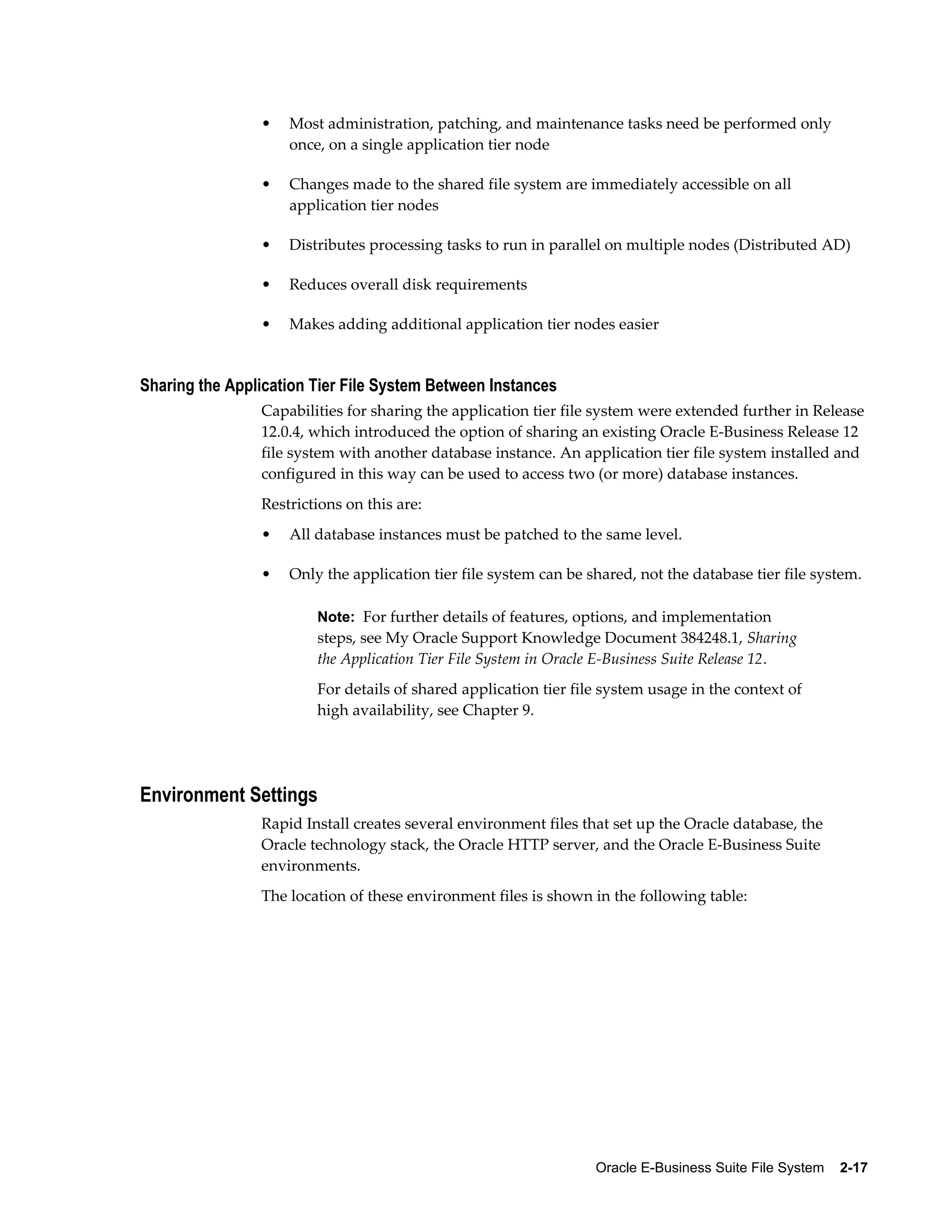 • Most administration, patching, and maintenance tasks need be performed only 
Oracle E-Business Suite File System 2-17 
once, on a single application tier node 
• Changes made to the shared file system are immediately accessible on all 
application tier nodes 
• Distributes processing tasks to run in parallel on multiple nodes (Distributed AD) 
• Reduces overall disk requirements 
• Makes adding additional application tier nodes easier 
Sharing the Application Tier File System Between Instances 
Capabilities for sharing the application tier file system were extended further in Release 
12.0.4, which introduced the option of sharing an existing Oracle E-Business Release 12 
file system with another database instance. An application tier file system installed and 
configured in this way can be used to access two (or more) database instances. 
Restrictions on this are: 
• All database instances must be patched to the same level. 
• Only the application tier file system can be shared, not the database tier file system. 
Note: For further details of features, options, and implementation 
steps, see My Oracle Support Knowledge Document 384248.1, Sharing 
the Application Tier File System in Oracle E-Business Suite Release 12. 
For details of shared application tier file system usage in the context of 
high availability, see Chapter 9. 
Environment Settings 
Rapid Install creates several environment files that set up the Oracle database, the 
Oracle technology stack, the Oracle HTTP server, and the Oracle E-Business Suite 
environments. 
The location of these environment files is shown in the following table: 
 