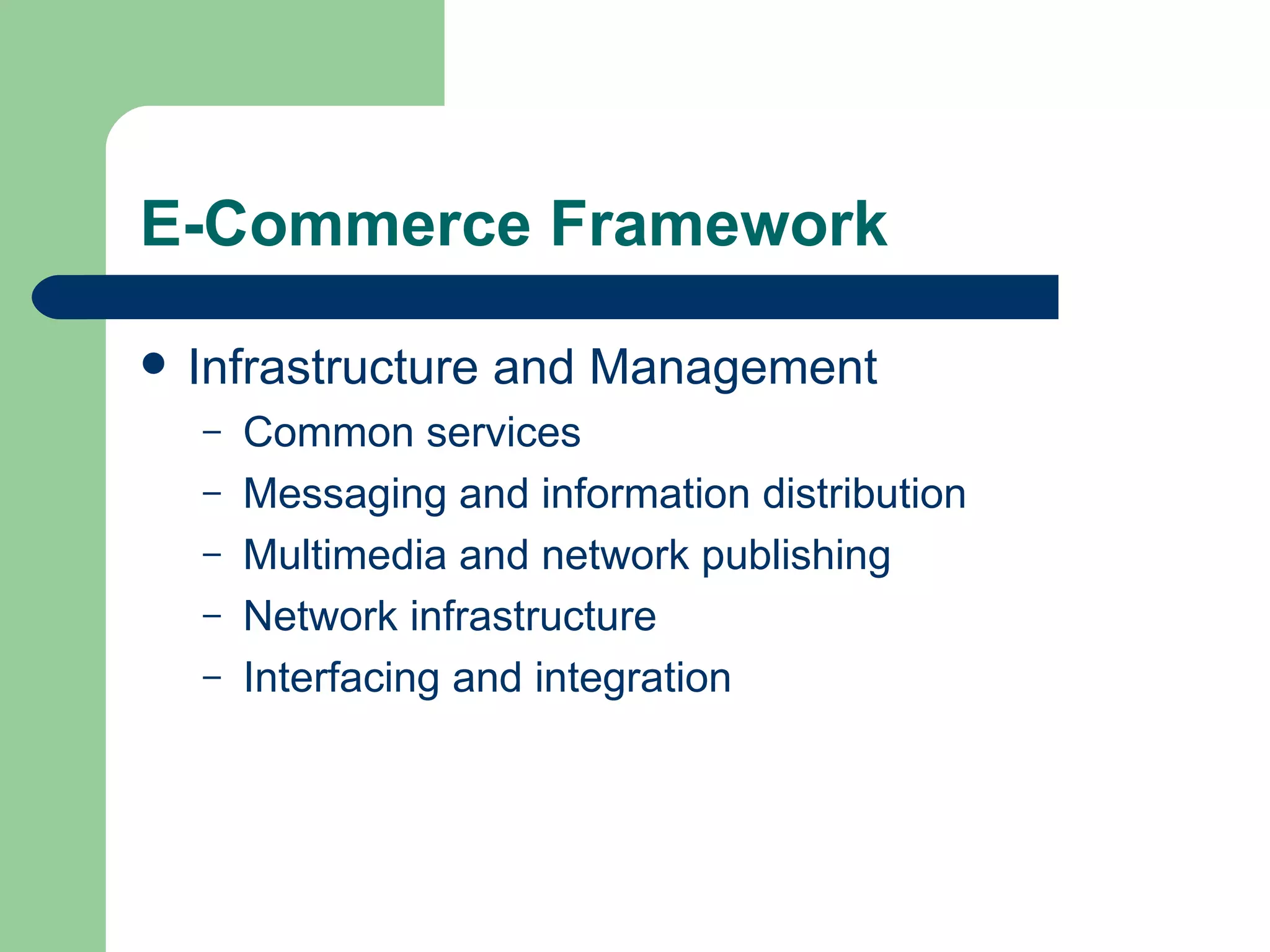 E-Commerce Framework Infrastructure and Management Common services Messaging and information distribution Multimedia and network publishing Network infrastructure Interfacing and integration 