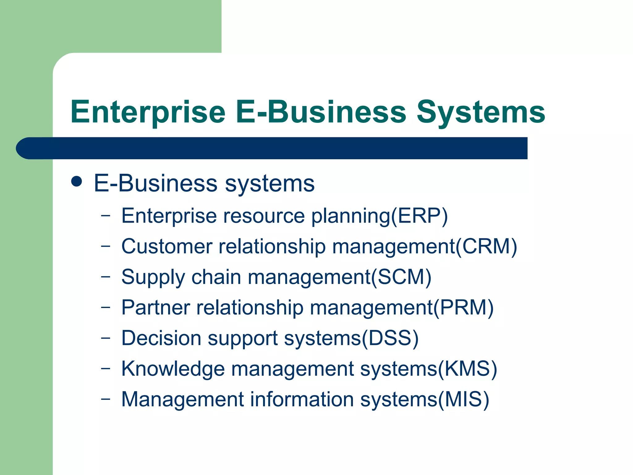 Enterprise E-Business Systems E-Business systems Enterprise resource planning(ERP) Customer relationship management(CRM) Supply chain management(SCM) Partner relationship management(PRM) Decision support systems(DSS) Knowledge management systems(KMS) Management information systems(MIS) 