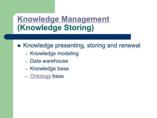 Knowledge Management
(Knowledge Storing)
 Knowledge presenting, storing and renewal
– Knowledge modeling
– Data warehouse
– Knowledge base
– Ontology base
 
