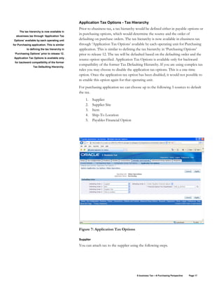 E-business Tax – A Purchasing Perspective Page 17
Application Tax Options - Tax Hierarchy
Prior to ebusiness tax, a tax hierarchy would be defined either in payable options or
in purchasing options, which would determine the source and the order of
defaulting on purchase orders. The tax hierarchy is now available in ebusiness tax
through ‘Application Tax Options’ available by each operating unit for Purchasing
application. This is similar to defining the tax hierarchy in ‘Purchasing Options’
prior to release 12. The tax will be defaulted based on the defaulting order and the
source option specified. Application Tax Options is available only for backward
compatibility of the former Tax Defaulting Hierarchy. If you are using complex tax
rules you may choose to disable the application tax options. This is a one-time
option. Once the application tax option has been disabled, it would not possible to
re-enable this option again for that operating unit.
For purchasing application we can choose up to the following 5 sources to default
the tax.
1. Supplier
2. Supplier Site
3. Item
4. Ship-To Location
5. Payables Financial Option
Figure 7: Application Tax Options
Supplier
You can attach tax to the supplier using the following steps.
The tax hierarchy is now available in
ebusiness tax through ‘Application Tax
Options’ available by each operating unit
for Purchasing application. This is similar
to defining the tax hierarchy in
‘Purchasing Options’ prior to release 12.
Application Tax Options is available only
for backward compatibility of the former
Tax Defaulting Hierarchy.
 