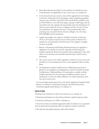 E-business Tax – A Purchasing Perspective Page 42
4. Direct Rate Determination Rules for the defaulted tax classification code
would determine the applicability of one or more taxes on a taxable line.
5. For Location based taxes, location values will be upgraded into the Trading
Community Architecture (TCA) Geography model as legislative geography
elements such as STATE, COUNTY, CITY and POSTAL CODES as well
as TAX ZONES to cover ZIP code ranges or groups of ZIP ranges with the
same GEO code. The upgrade will automatically create Tax Jurisdictions for
each Tax Zone within the context of a Regime and Tax. For each of these
Tax Jurisdictions, the upgrade will create a Tax Jurisdiction Rate with a
percentage rate associated with the relevant tax Regime, Tax, Tax Status
(STANDARD) and Tax Jurisdiction.
6. Supplier and supplier sites migrate to Trading Community Architecture
(TCA) as TCA parties and party sites. For these parties, E-Business Tax
includes the tax classification code field as part of the supplier or supplier
site party tax profile.
7. Release 11i Purchasing and Payables defaulting hierarchy are upgraded to
Application Tax Options for each OU separately for Purchasing and
Payables respectively. Both these hierarchies will be independent of the other
unlike 11i tax hierarchy where payables based hierarchy could be used in
purchasing.
8. The current recovery rates will be upgraded as "primary" recovery rates with
the Release 11i Accounting based recovery rules upgraded as Recovery Rate
Rules.
9. Tax Registrations defined at HR locations or HR Organization levels in
Release 11i are upgraded as Tax Registrations at Party Tax Profile for Legal
Establishments. Additional Release 12 functionality is available to define
multiple registrations for the same party and different regimes, taxes or
jurisdictions, as well as the ability in Release 12 to define registration status
that can be used in rules.
For more detailed impact please refer to the Oracle Applications Upgrade Guide:
Release 11i to Release 12 and Oracle Financials and Oracle Procurement
Functional Upgrade Guide: Release 11i to Release 12.
DATA FLOW
Following is the mechanism of calls to the ebusiness tax to calculate tax.
1. Purchasing will populate tax-determining attributes to global temporary tables.
2. It will then call ebusiness tax API's to calculate tax.
3. Once the tax lines are calculated, appropriate tables in ebusiness tax is populated
with tax details and the purchasing tables are updated to indicate taxable line.
4. The data from the global temporary tables will be deleted.
 